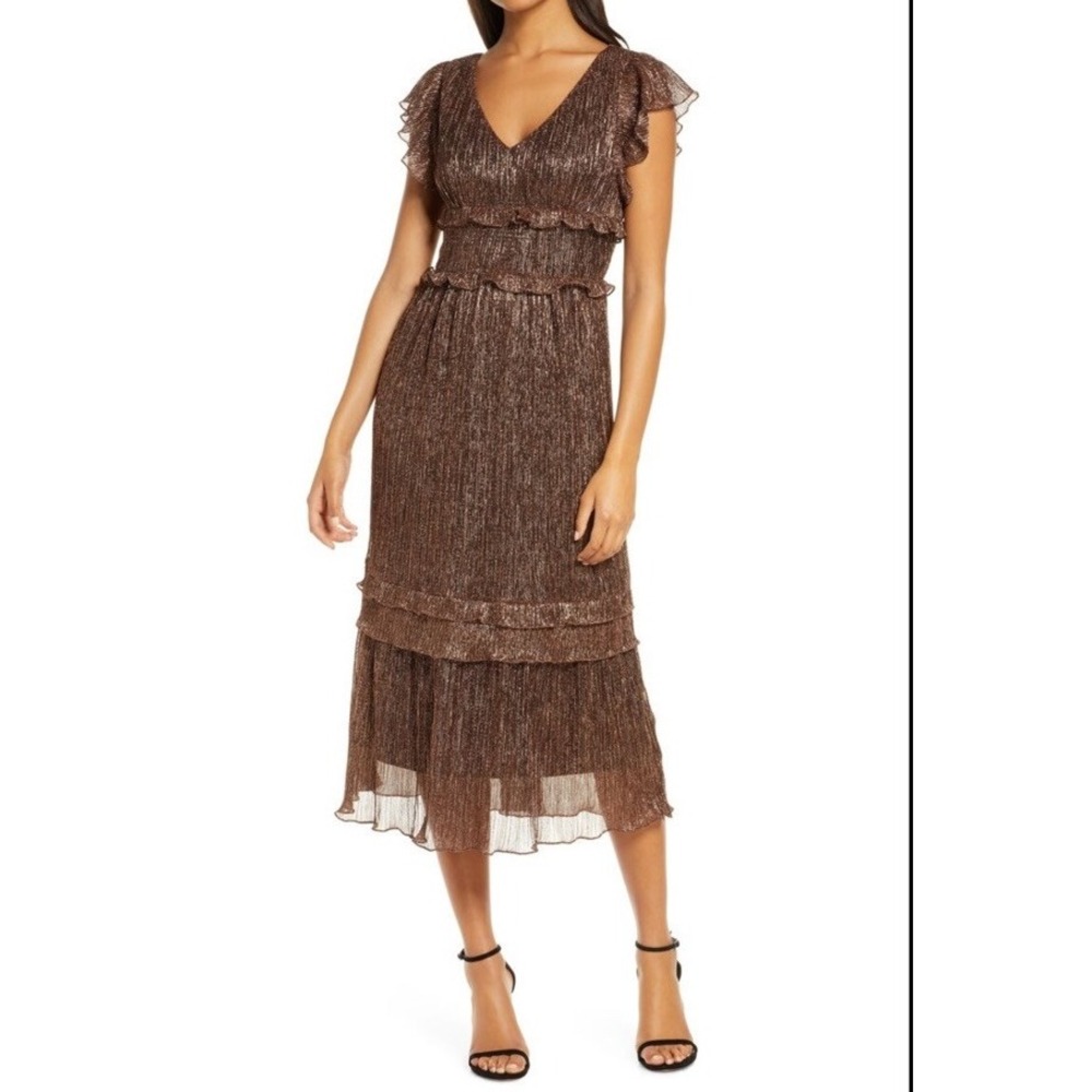 Julia Jordan Metallic‎ Ruffle Trim Midi Dress Size 12